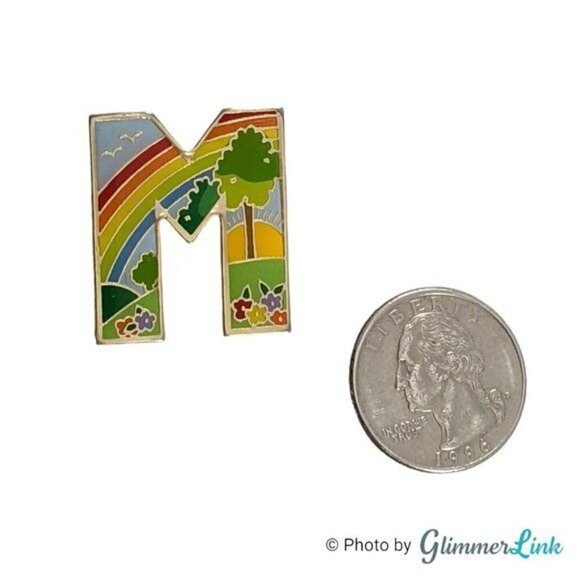Multicolor Enamel Letter M Spring Summer Rainbow Theme Gold Tone Brooch Pin - Picture 3 of 4